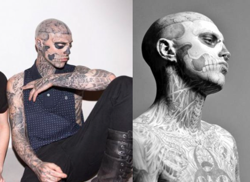 Rich Genest, or sometimes better known as ‘The Zombie Boy’, is a twenty-six-year-old from Canada who has challenged the typical ideas of beauty. He got his first tattoo at the age of sixteen and from there on has continued to cover his body with the artwork of Frank Lewis. After leaving school, Genest took to an underground life of ‘tattoos, piercings, music and DIY fashion.’ He was later given the nickname ‘Zombie boy’ by his new family of friends.  At the age of 19, the project for his body commenced with the help of artist Frank Lewis. Now, after six years of tattooing, eighty percent of Genest’s body is covered, having spent over $17,000. The project is not yet finished, Genest will continue until ‘his tapestry is finished.’  Rick Genest embodies the phrase, don’t judge a book by its cover. Whilst there is no doubt that many people find his tattoos repulsive or perhaps insulting, there are others that celebrate the work that Genest has achieved. He has committed himself to an idea that he believes in, which is perhaps something we could all take note of from time to time. His body expresses something completely different to the images we are presented with day to day. Moreover, 